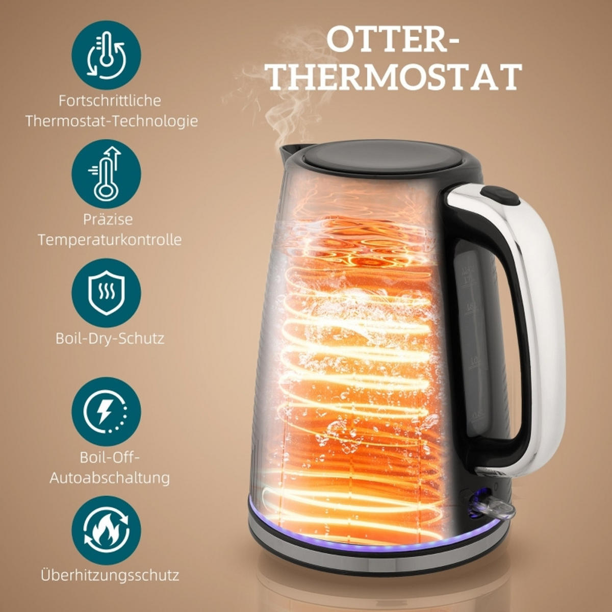 WASSERKOCHER-TOASTER SET 2200W Otter-Thermostat Schwarz 22,2/16,7/23,2 cm - Schwarz, Kunststoff (16.7/23.2/22.2cm) - Rolipo