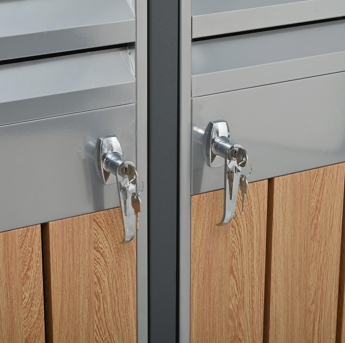 MÜLLTONNENBOX aus Stahl in Grau Holzoptik mit Klappdeckel & Schloss 132x80x118,5 cm - Grau, Metall (132/118.5/80cm) - Modfu
