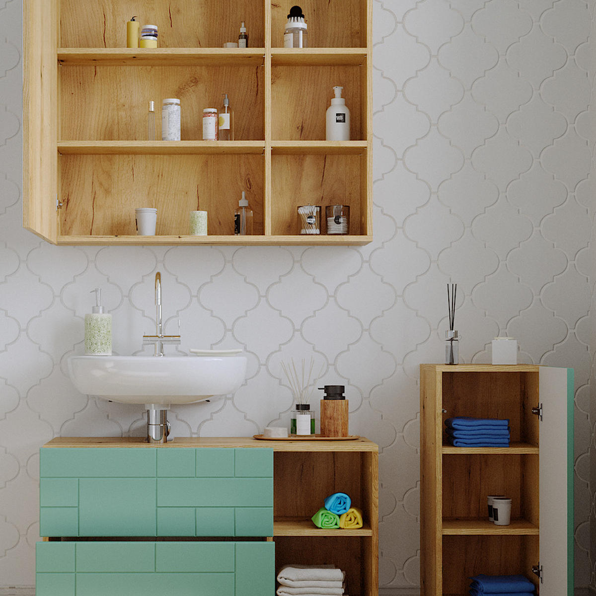 BADMÖBEL-SET Rudi Mintgrün 3 Teile - Eichefarben/Mintgrün, Holzwerkstoff (90/59/32cm) - Vicco