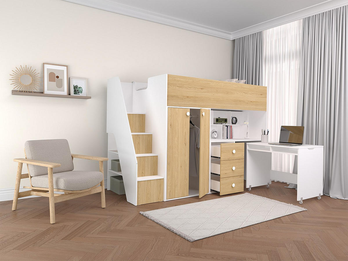 HOCHBETT mit Kleiderschrank & Schreibtisch + Matratze - 90 x 190 cm - Weiß & Holzfarben - LANILATO - Naturfarben, Holz (97.5/235.1cm) - Vente-Unique