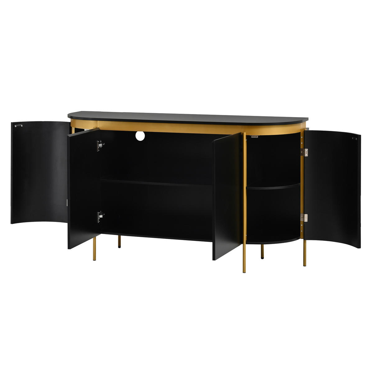 SIDEBOARD Oval 140cm MDF Riffel-Optik 4 Türen Gold-Details - Schwarz, Holzwerkstoff (140/80/38cm) - Urban Meuble