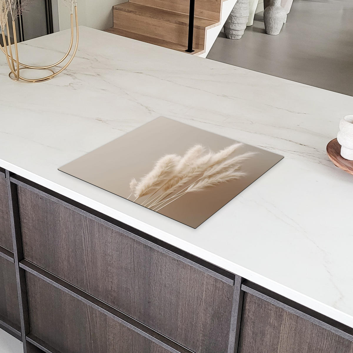 HERDABDECKPLATTE Pampasgras - Federn - Pastell - Weiß 59x51 cm - Creme, Kunststoff (59/51/0.2cm) - MuchoWow