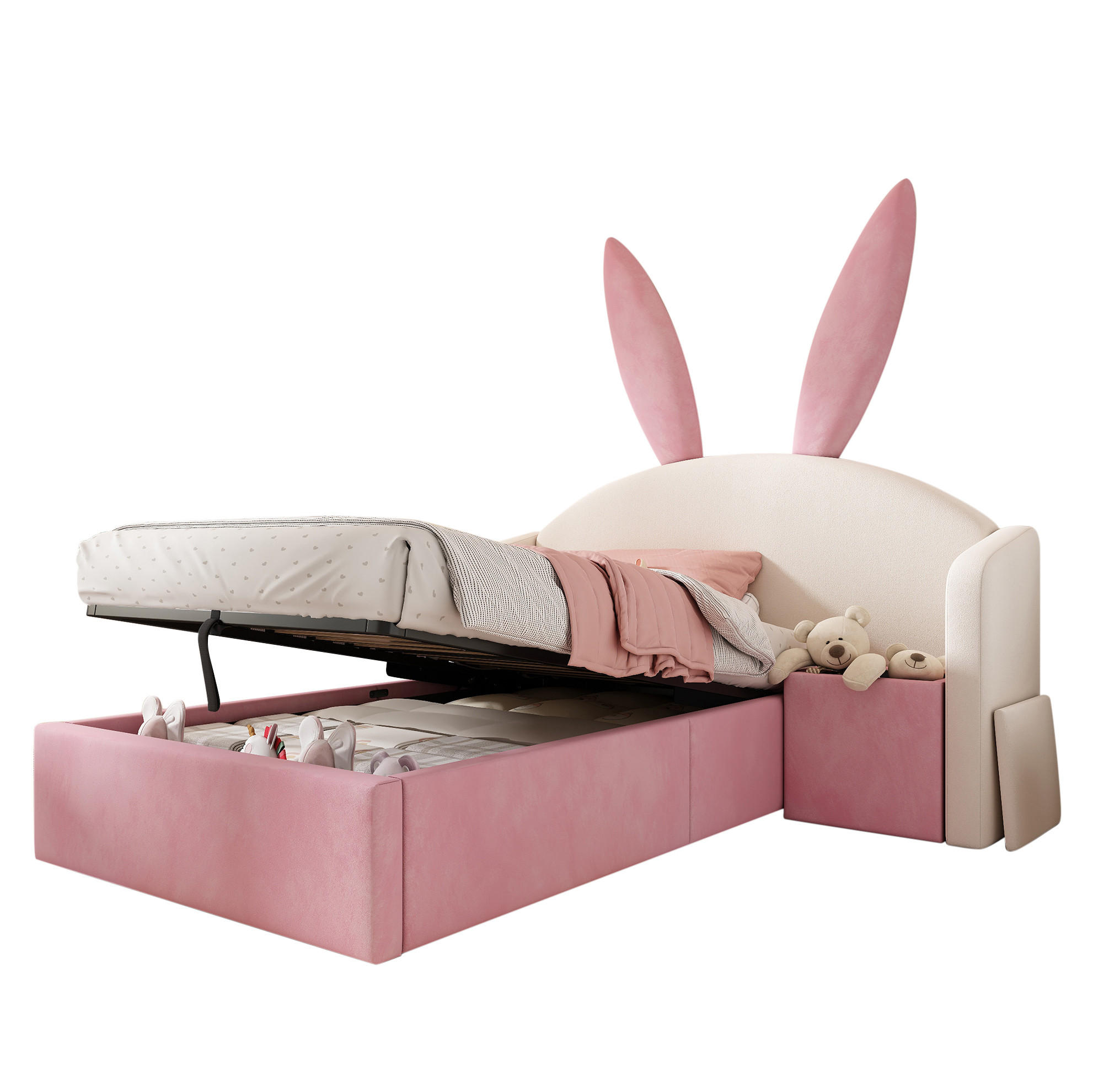 JUGENDBETT 90/200 cm aus Samt mit Stauraum, Nachttisch und Hasenohren-Design Beige/Rosa - Beige, Textil (90/200cm) - Modenvie