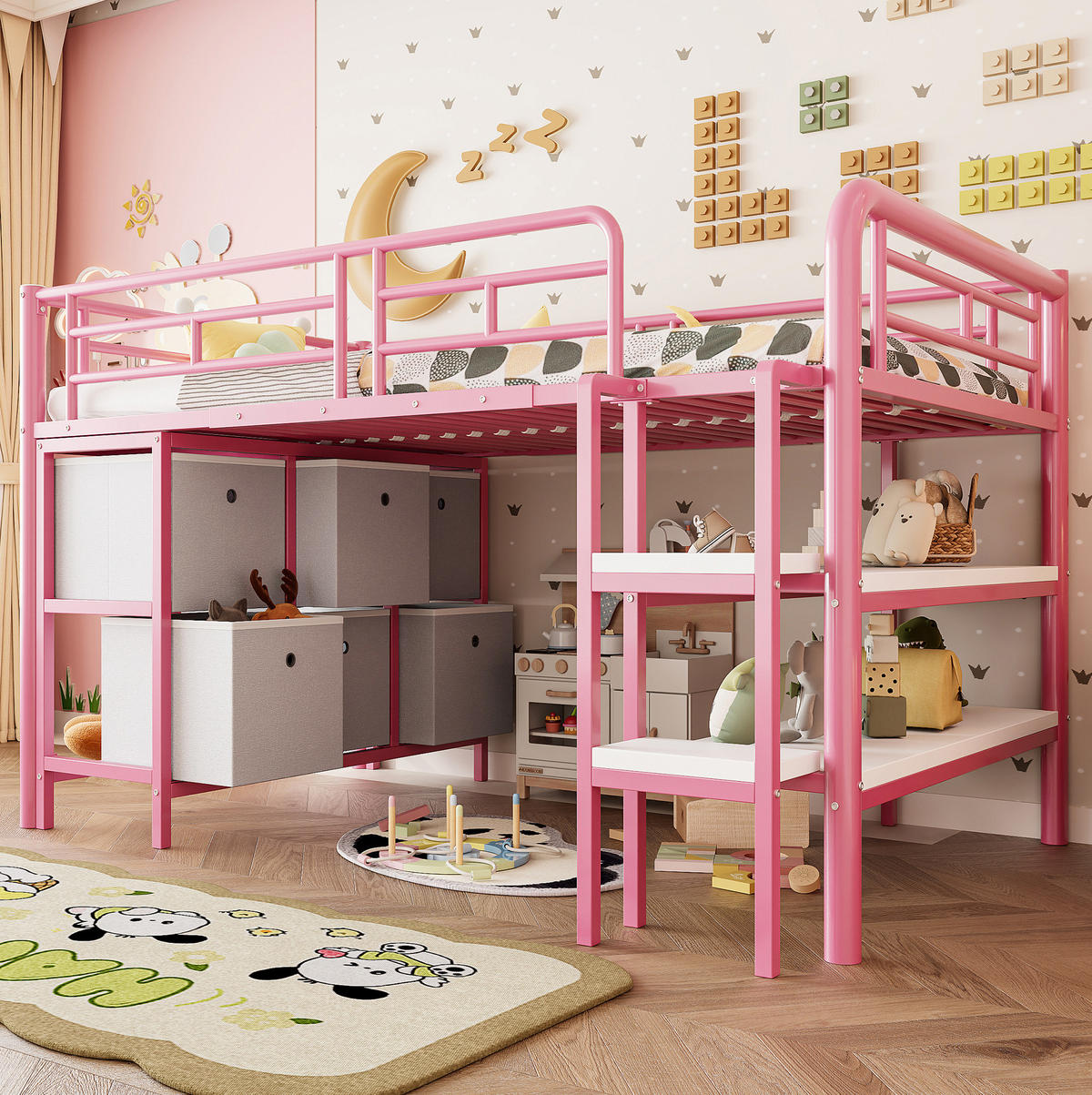 HOCHBETT 90/200 cm in Rosa mit Stauraum und breiten Stufen - Rosa, Metall (90/200cm) - BEAOK