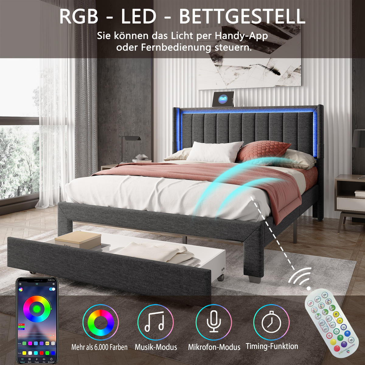 POLSTERBETT 160x200 cm, Grau, mit LED-Beleuchtung & USB-Stecker - Grau, Textil/Metall (160/200cm)