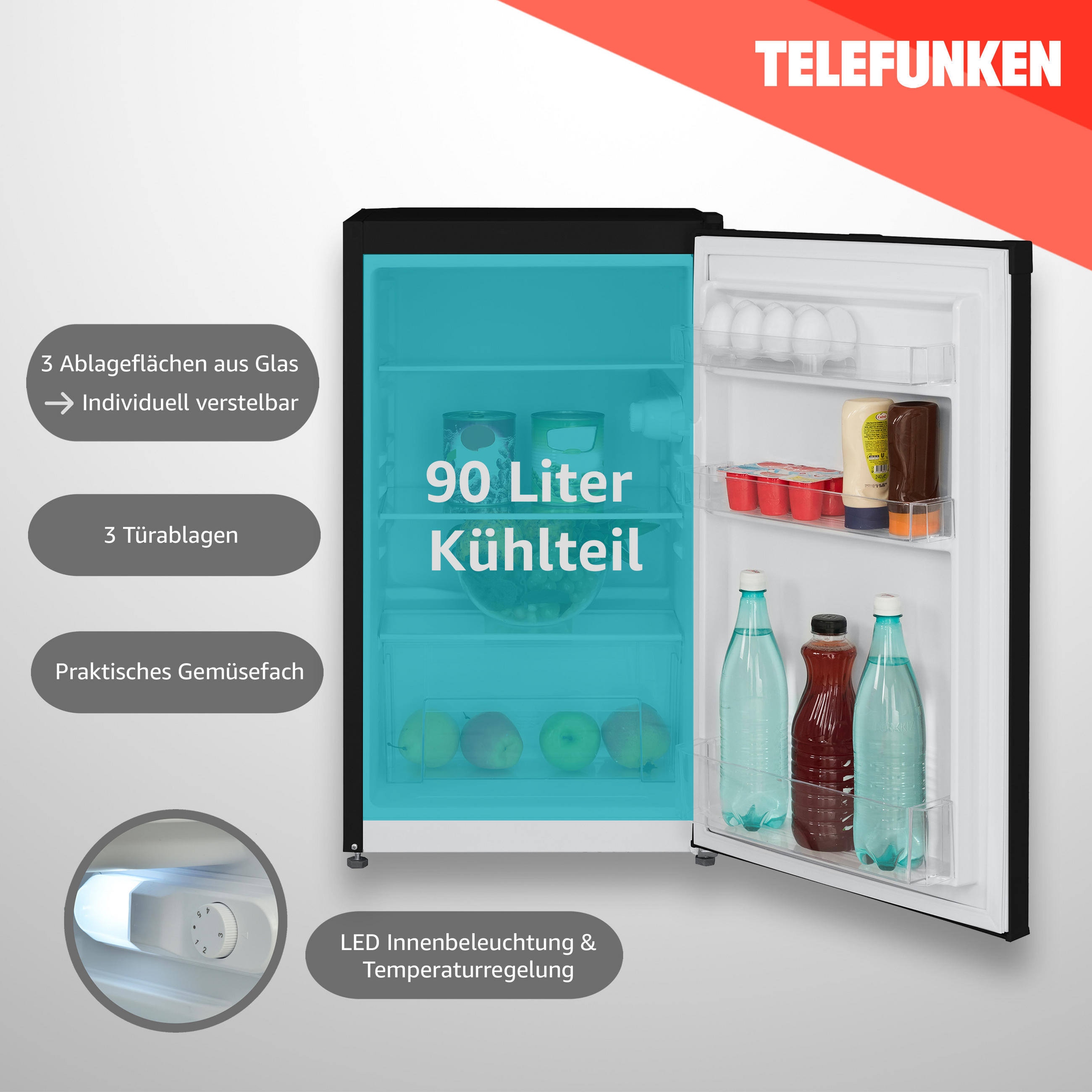 Thumbnail - Telefunken Kühlschrank,, Schwarz, Metall, Kunststoff, 1 Stück Schubladen, 48x82.1x50 cm, Abtauautomatik, höhenverstellba...