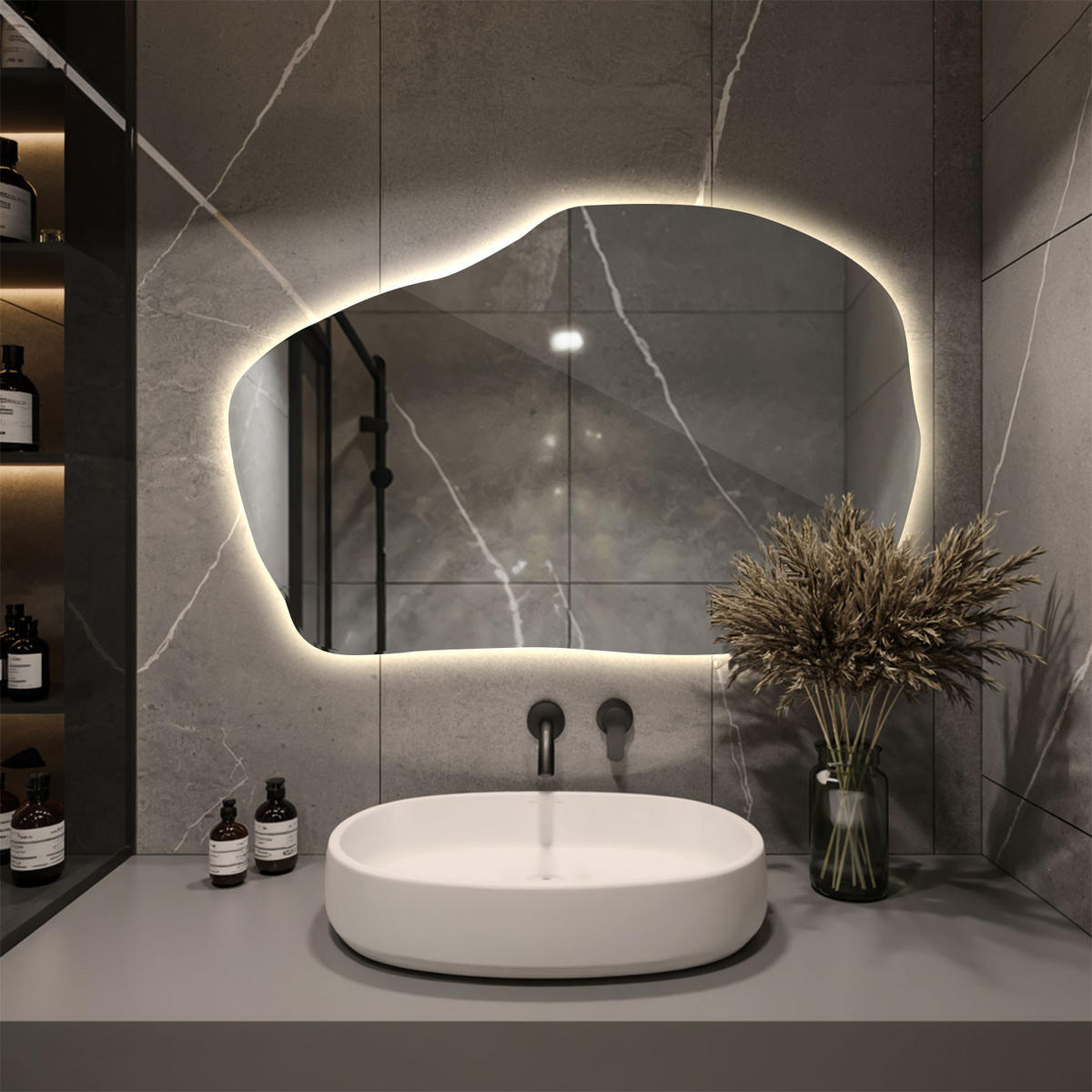 LED SPIEGEL 100 x 65 cm Unregelmäßige Form Warmweiß 3000K - Transparent, Glas (100/65/0.4cm) - TULUP