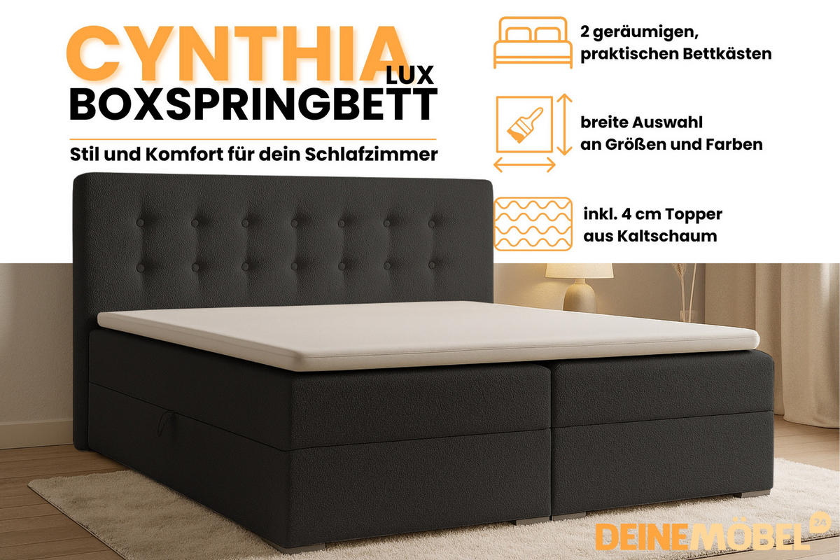 BOXBETT CYNTHIA LUX 140/200 in Boucle Schwarz H4 - Schwarz, Holzwerkstoff (140/200cm) - Deine Möbel 24