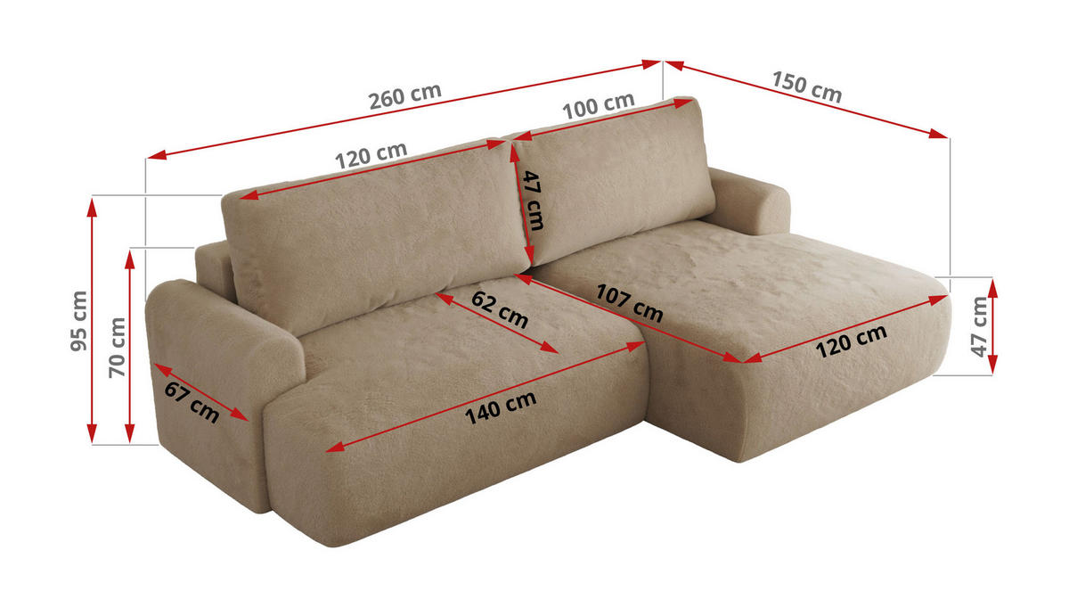 ECKSCHLAFSOFA TONO L Beige Plüsch - links - Beige/Schwarz, Kunststoff/Textil (260/150cm) - MKS