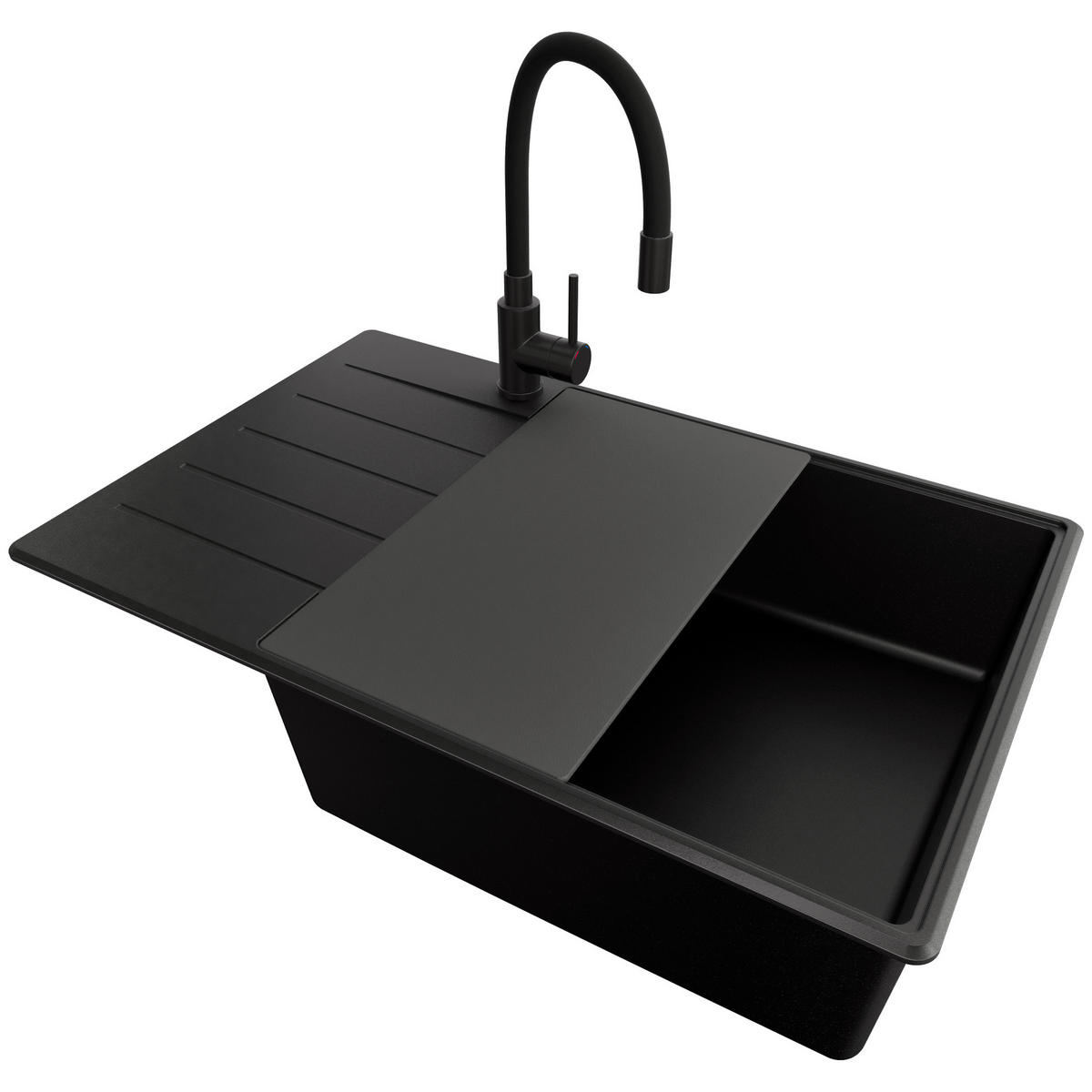 GRANITSPÜLE Kopenhagen, 2-er set Alles Schwarz 78/50 cm 1 Becken + Küchenarmatur 40/38 cm + Ablauf-Set + Schneidebrett ab 60er Unterschrank - Schwarz, Kunststoff (78/20/50cm) - Primagran