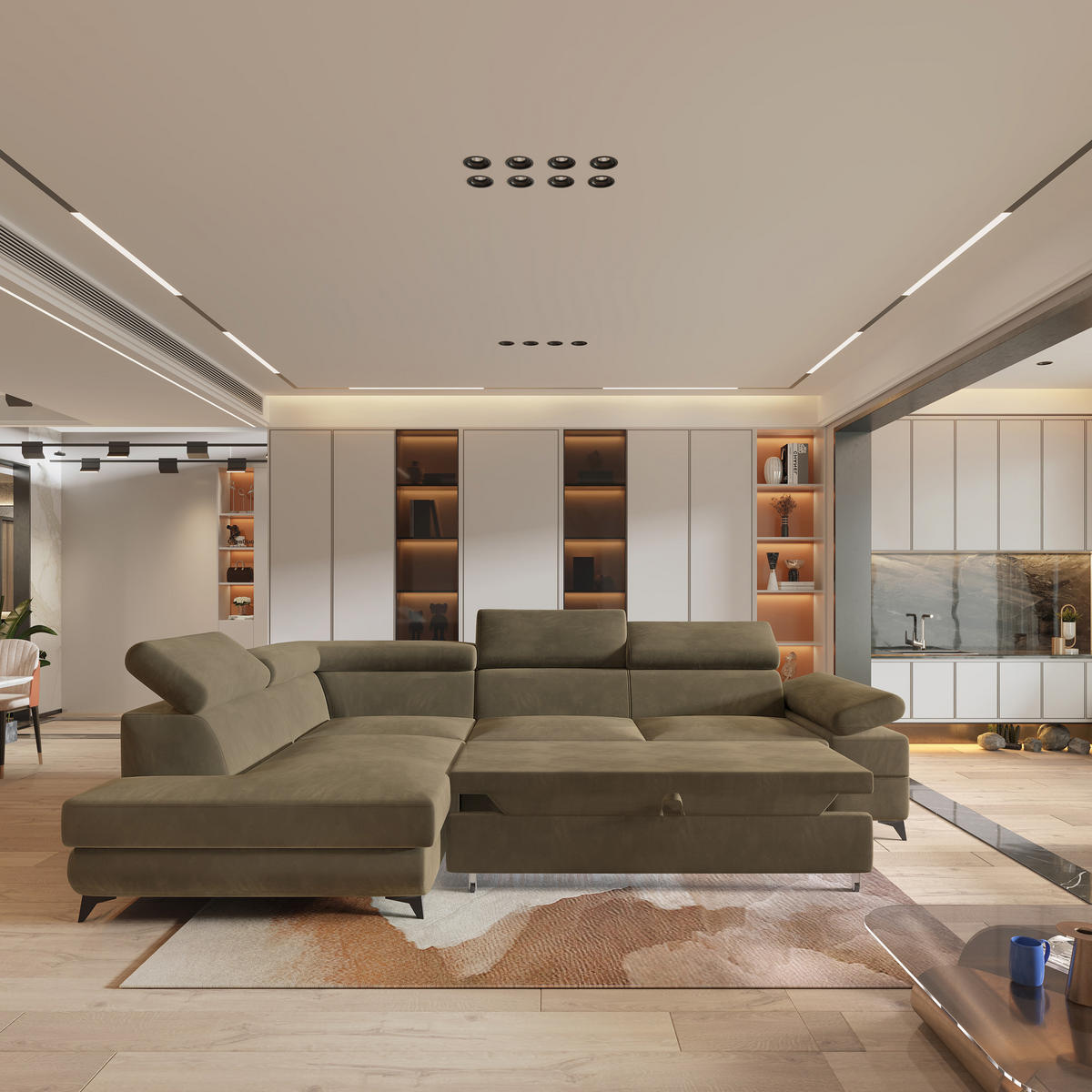 ECKSOFA FAVIEN L-S Beige Velours-Stoff mit Schlaffunktion - Beige, Holz (257/190cm) - MASSENO