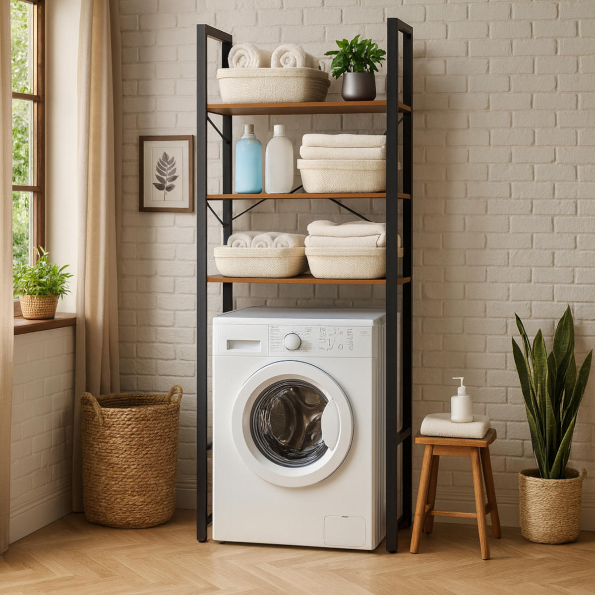 STANDREGAL Holzoptik Metall Dunkelbraun Schwarz für Waschmaschine 186×66×30 cm - Dunkelbraun/Schwarz, Holzwerkstoff/Metall (66/186/30cm) - Begryf