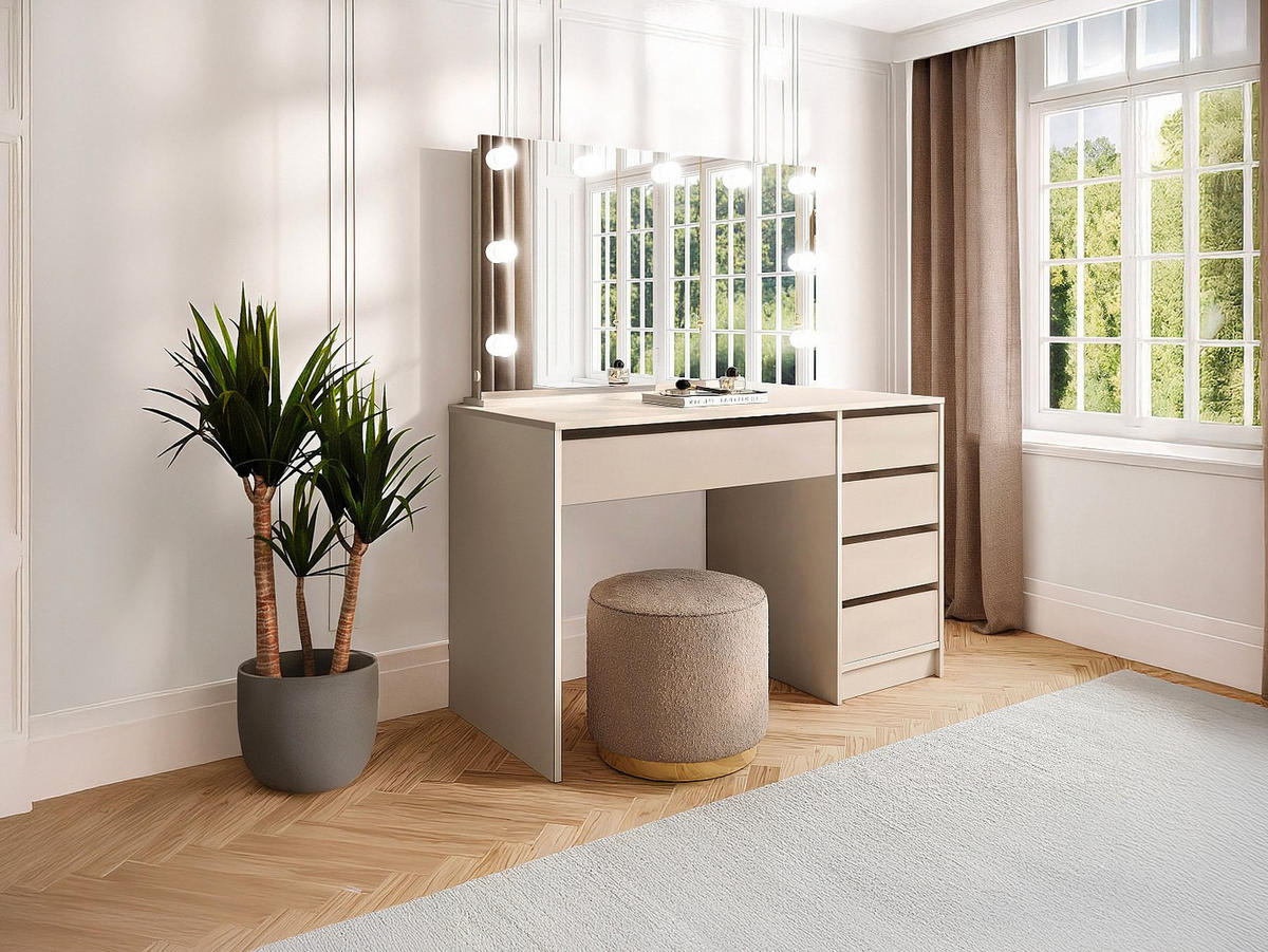 FRISIERTISCH mit LED-Spiegel - 5 Schubladen – Beige - JENEMI - Beige, Holz (120/142.6/55cm) - Vente-Unique