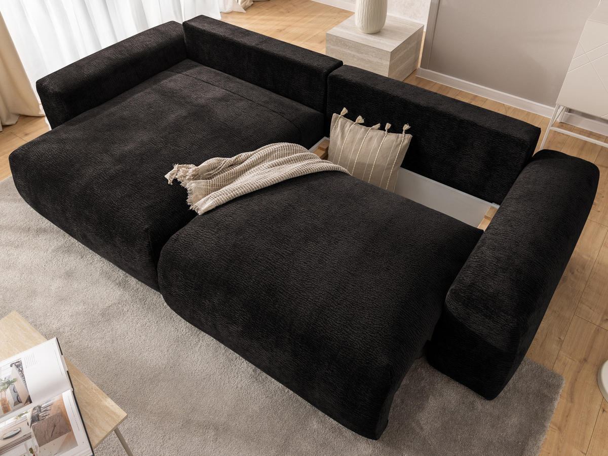 ECKSOFA Puffy mit Schlaffunktion und Bettkasten - besonders weich und puffig aus Braun Stoff mit Chenillestruktur - Ottomane links - Schwarz/Braun, Holz/Kunststoff (138/266cm) - S-Style Möbel