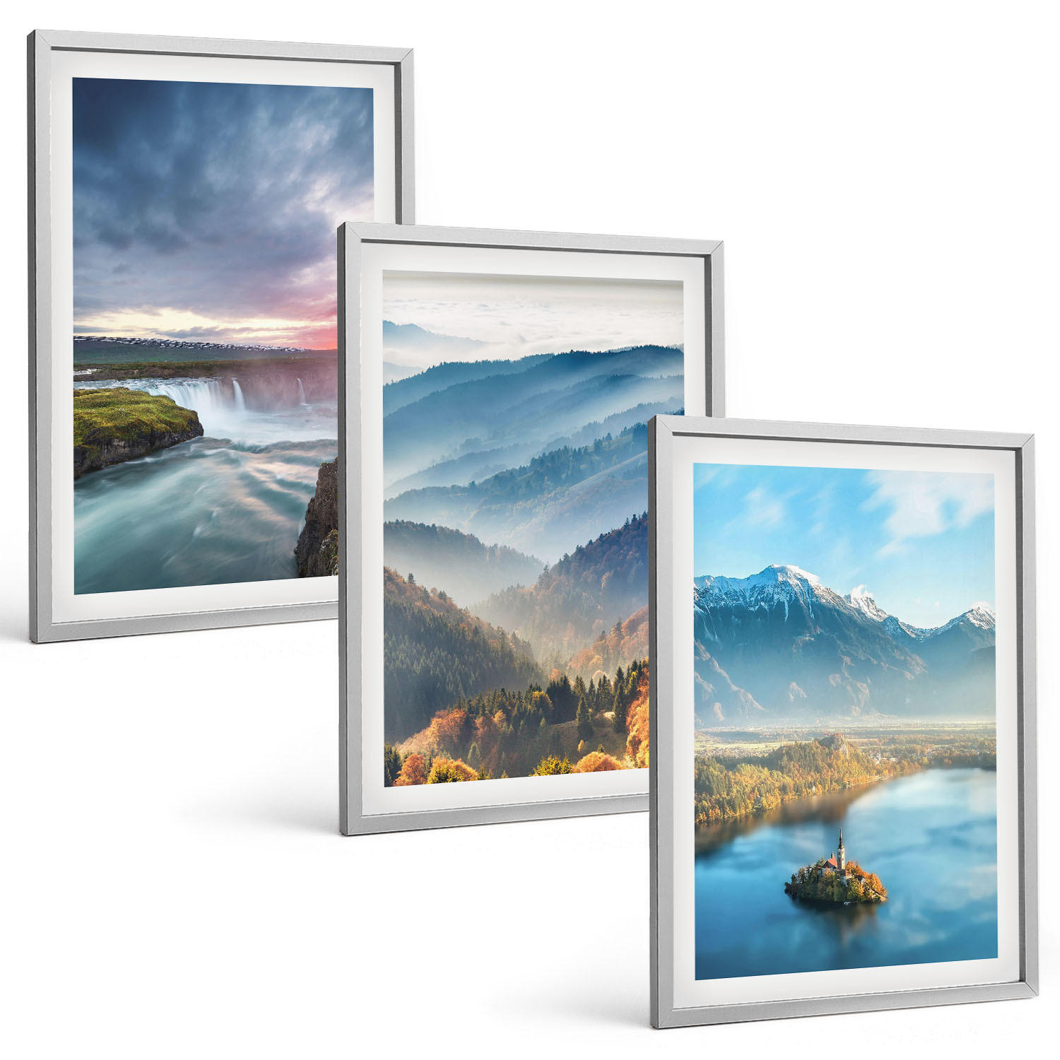 BILDER SET 3er Set - 40x60 cm Silberner Rahmen - Berglandschaften, Wasserfälle - Silberfarben, Kunststoff (40/60cm) - TULUP