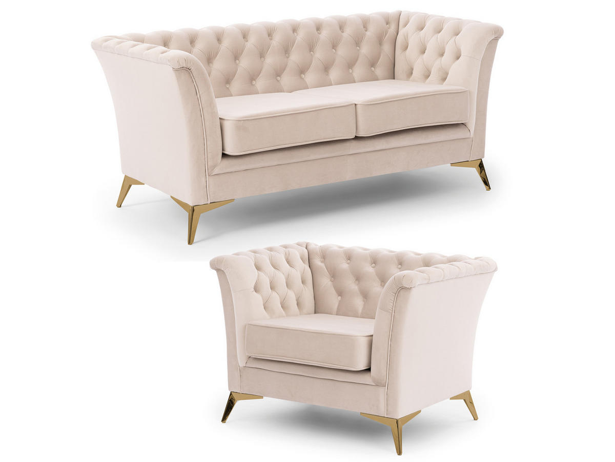 SITZGARNITUR 2+1 Chesterfield Whitby Beige Samt mit goldenen Füßen - Beige/Goldfarben, Holz/Textil (175/78/82cm) - S-Style Möbel