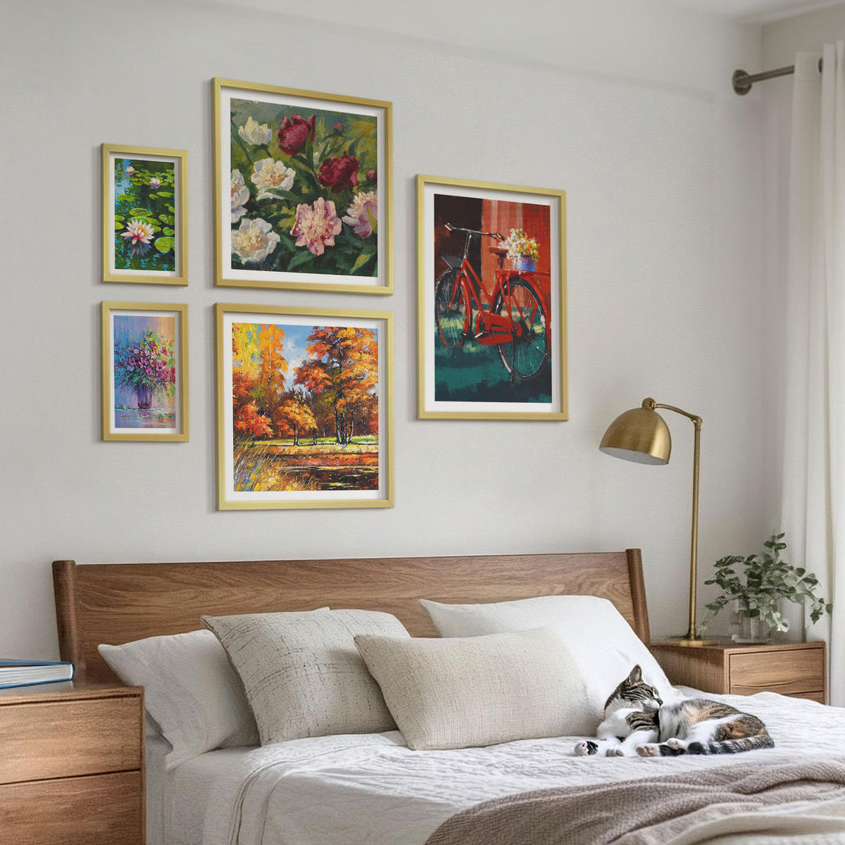 WANDBILDER 5er Set - 50x50 cm & 20x30 cm & 40x60 cm Goldrahmen - Seerosen, Fahrradblumen - Goldfarben, Kunststoff (40/60cm) - ArtPrintCave