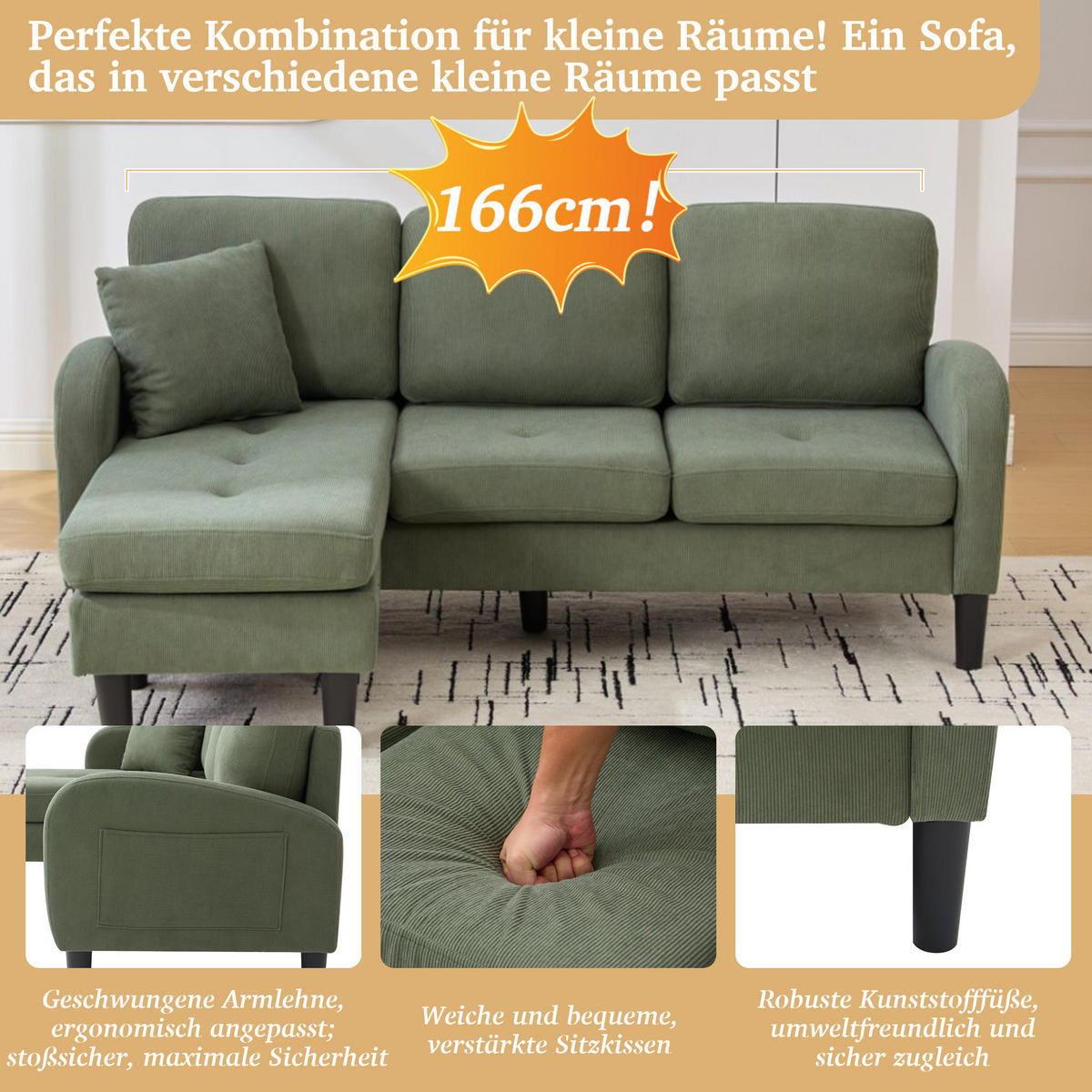 ECKSOFA 3-Sitzer Cord Grün - Grün, Holzwerkstoff/Kunststoff (166/118cm) - WISHDOR