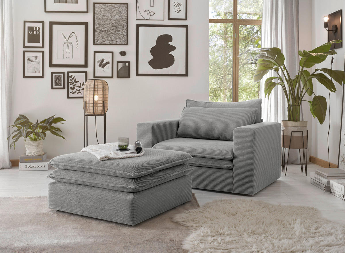 LOVESEAT Set hellgrau Cord, Couch Loungesessel inklusive Hocker - Beige/Hellgrau, Holz/Kunststoff (176/83/125cm) - Furn.Design