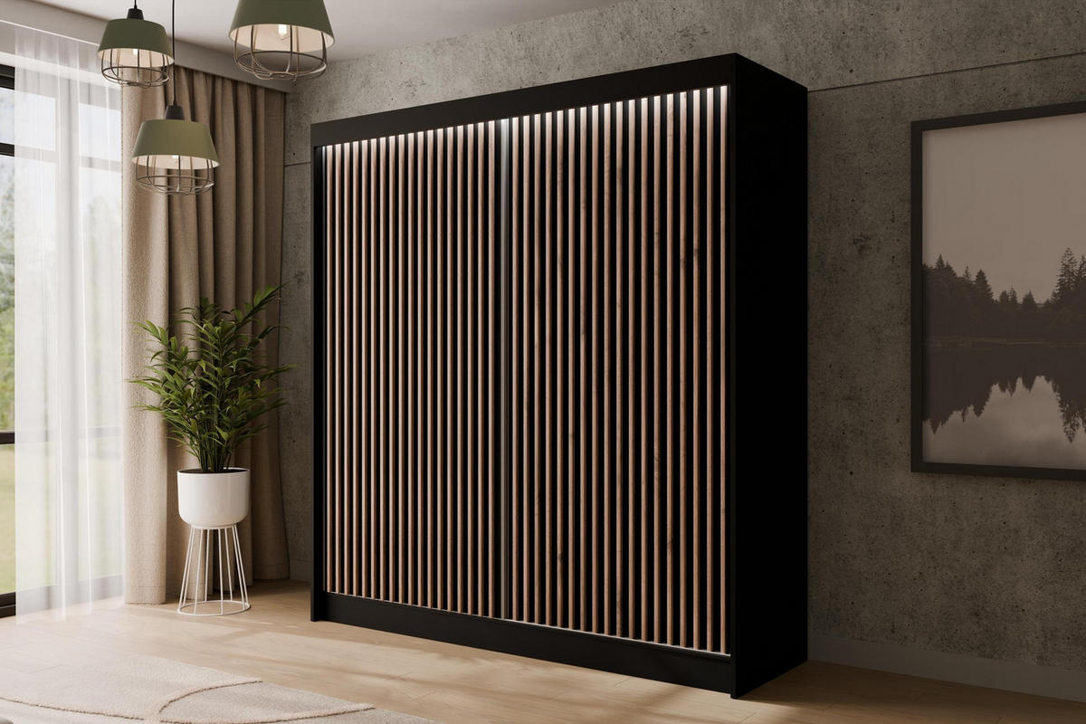 KLEIDERSCHRANK mit LED, Lamel-Schiebetüren VILANv2 - 200 cm Schwarz + Lamelle Eiche Wotan - Eiche Wotan/Schwarz, Holzwerkstoff (200/215/61cm) - ALTDECOR