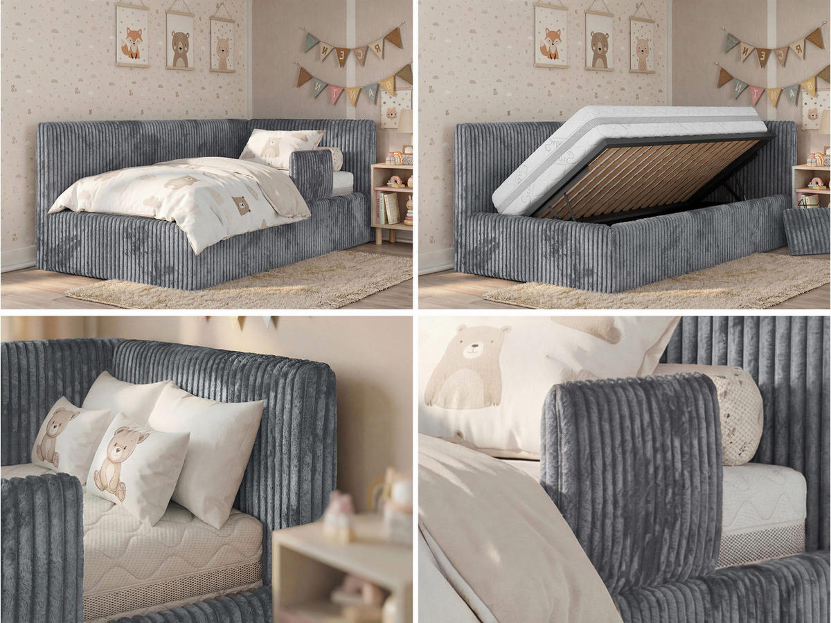 POLSTERBETT TILVO ALTA 90/200 - Grau Cord - Taschenfederkernmatratze - Rechts - Grau, Textil (200/90cm) - MKS