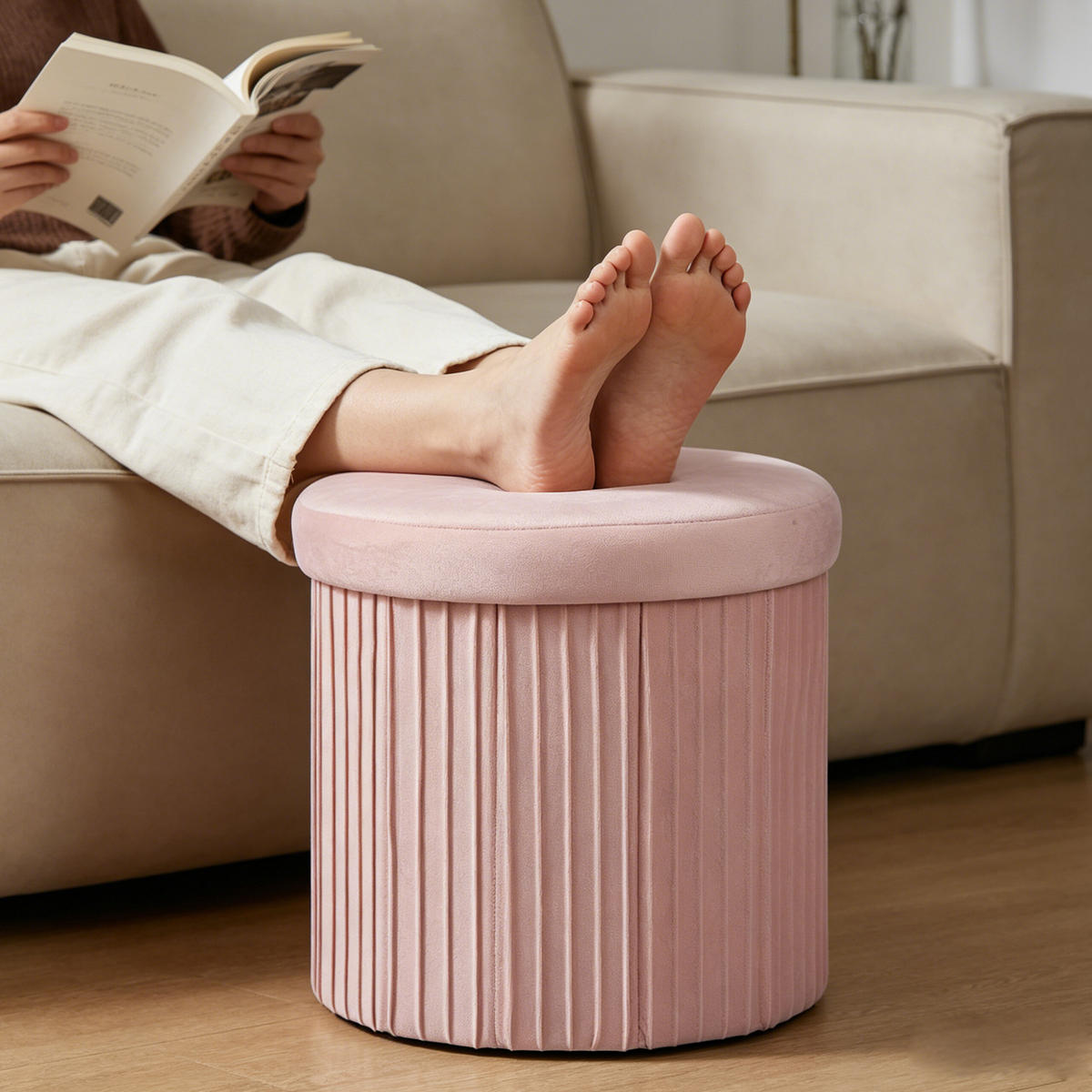 PUFF Rosa sammet med förvaring hopfällbar 38x38 cm - Pink, Träbaserade material/Textil (38/38/38cm) - Relaxdays