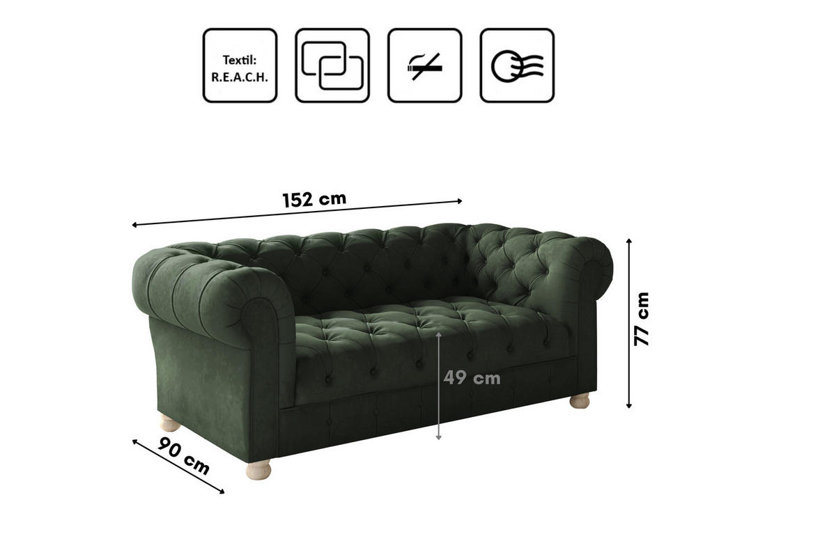 SOFA 2-Sitzer CHESTERFIELD Elegant Klassisch Schick Stoff Whisper Velours Grün - Grün, Holz/Textil (152/77/90cm) - Kaiser Möbel