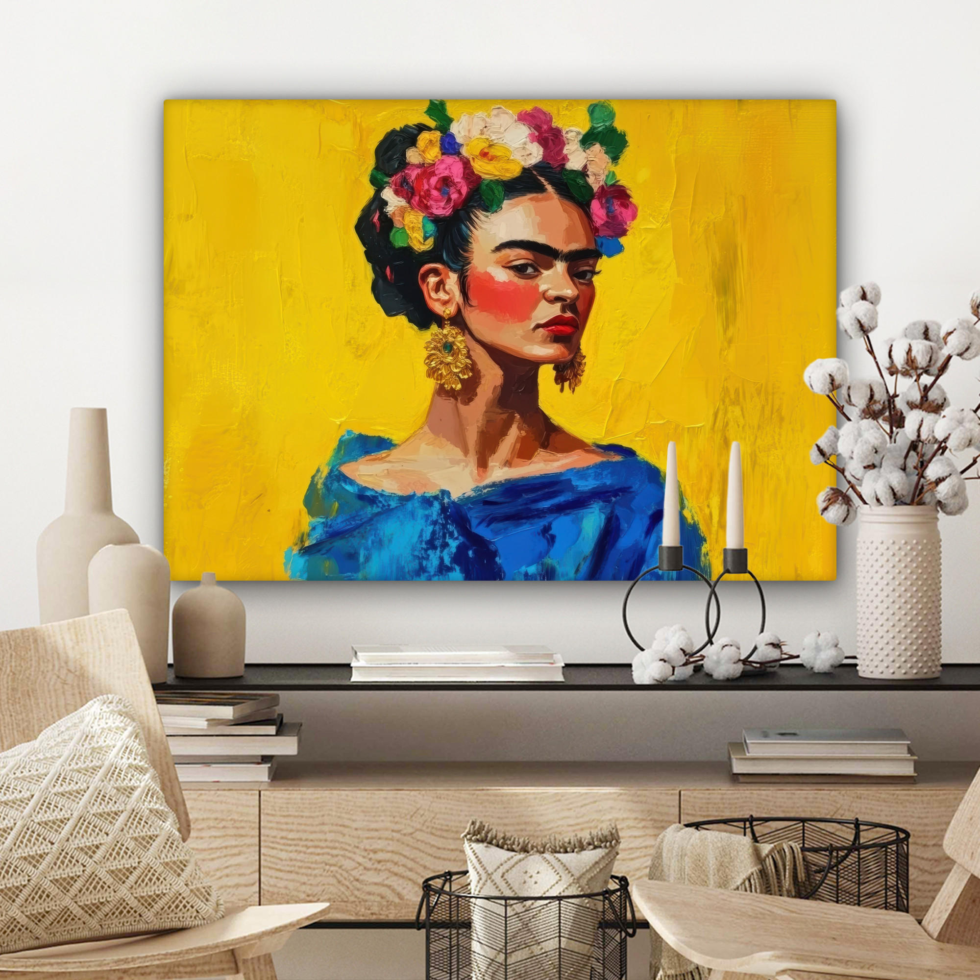LEINWANDBILD Frida Kahlo - Frau - Gelb - Blau - Blumen Wandbilder 80x60 cm - Gelb, Textil (80/60cm) - MuchoWow