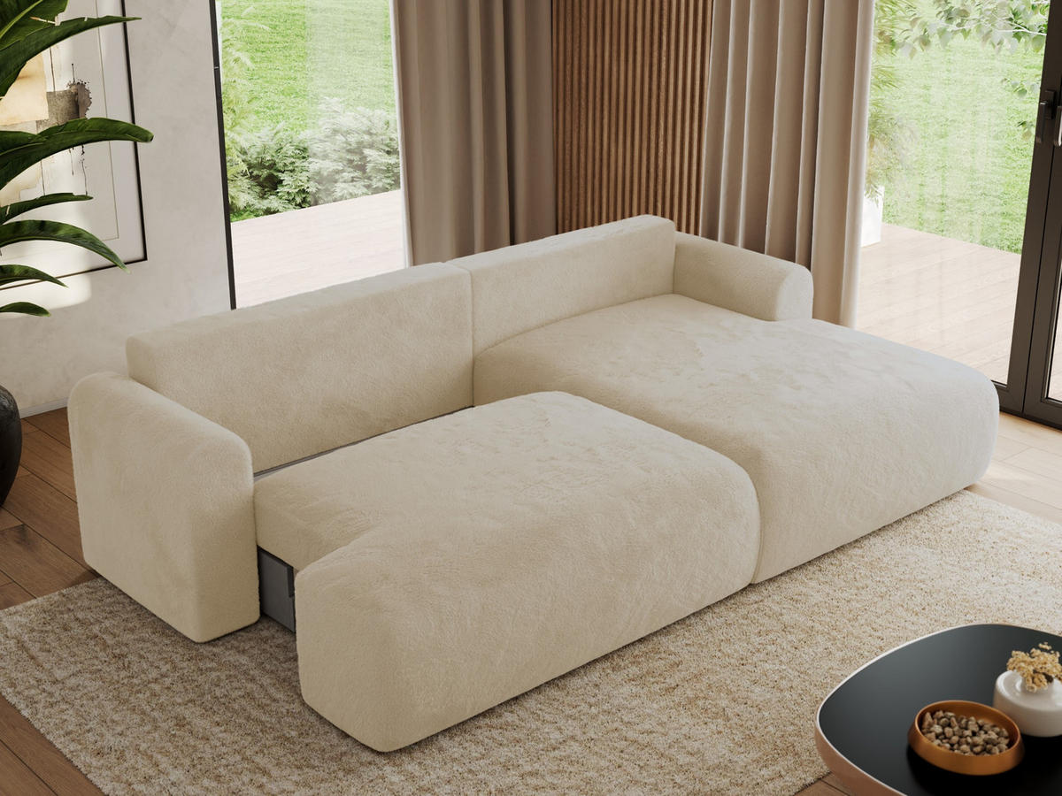 ECKSCHLAFSOFA TONO L Creme Plüsch - rechts - Creme/Schwarz, Kunststoff/Textil (150/260cm) - MKS