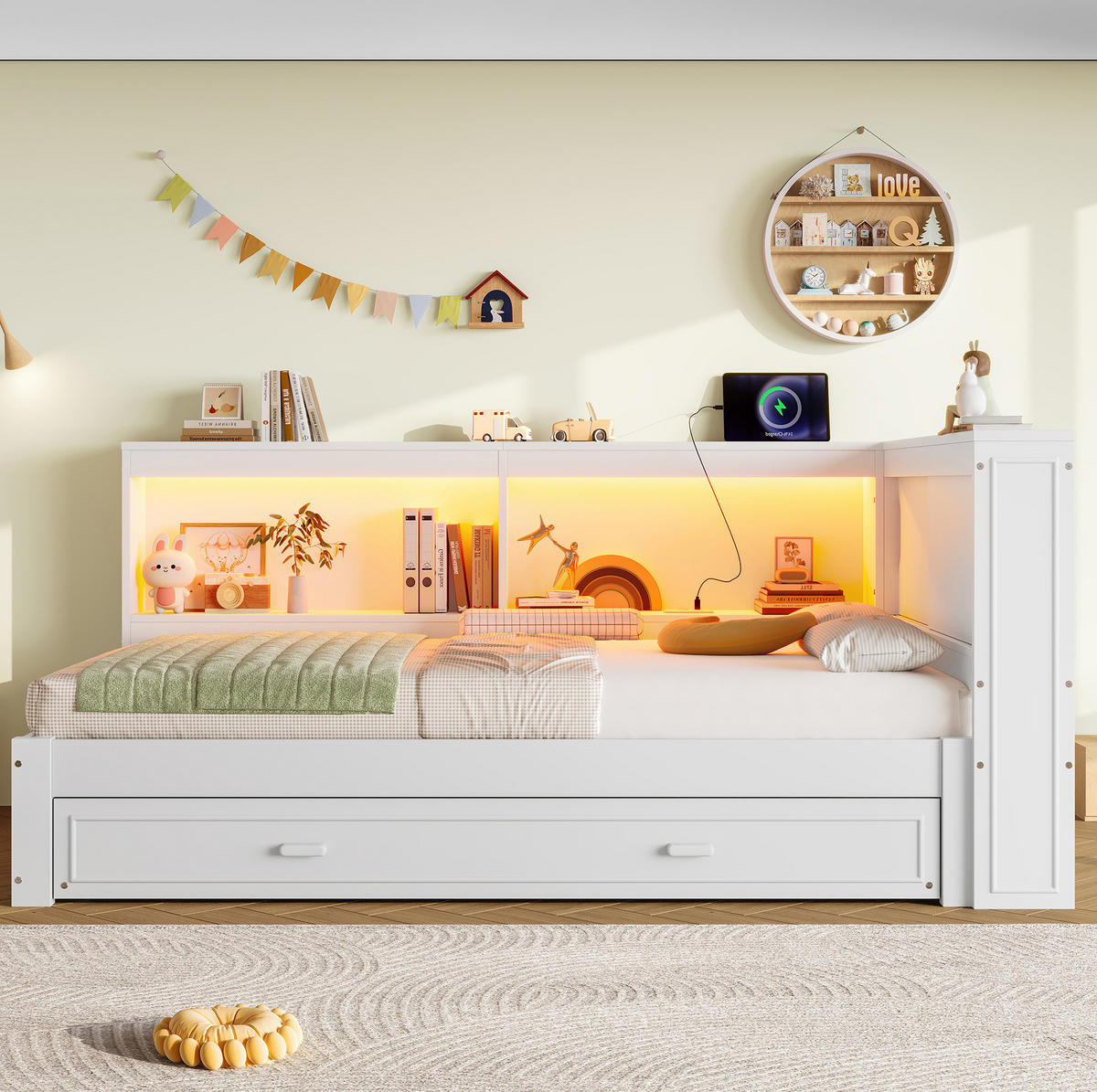 KINDERBETT 90/200 cm Weiß aus Kiefern mit Ausziehbett, LED-Beleuchtung, USB, Typ-C und Steckdose - Weiß, Holz (90/200cm) - OKMYHOME