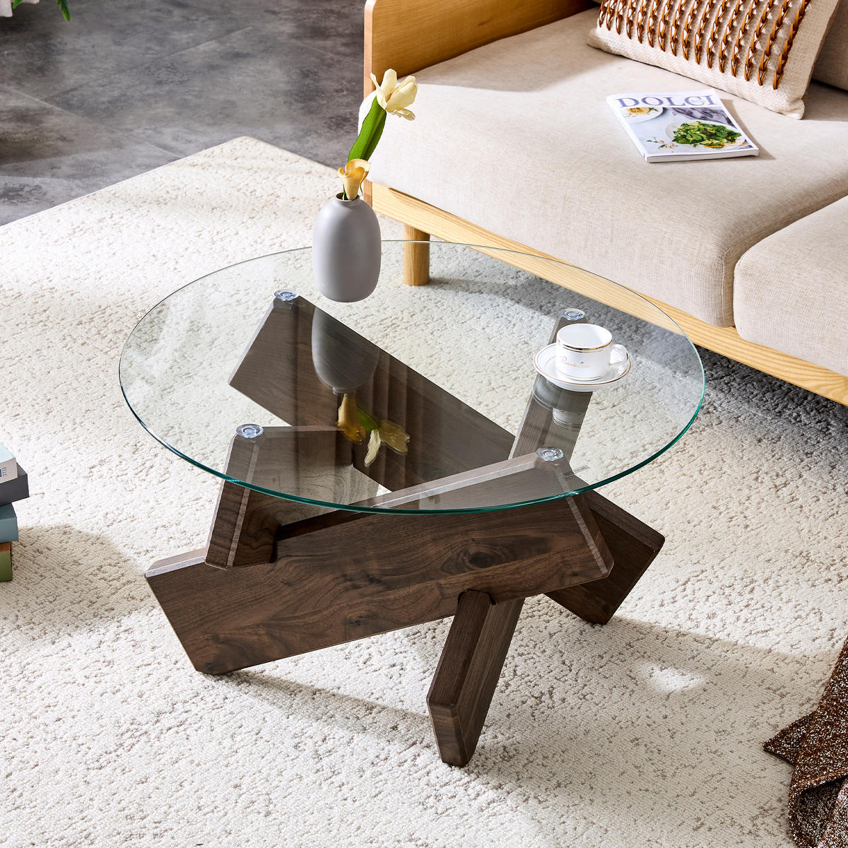 COUCHTISCH 79 cm Transparent aus MDF mit Walnussholz Korpus und Glasplatte - Klar, Holzwerkstoff (79/79/45cm) - OKWISH