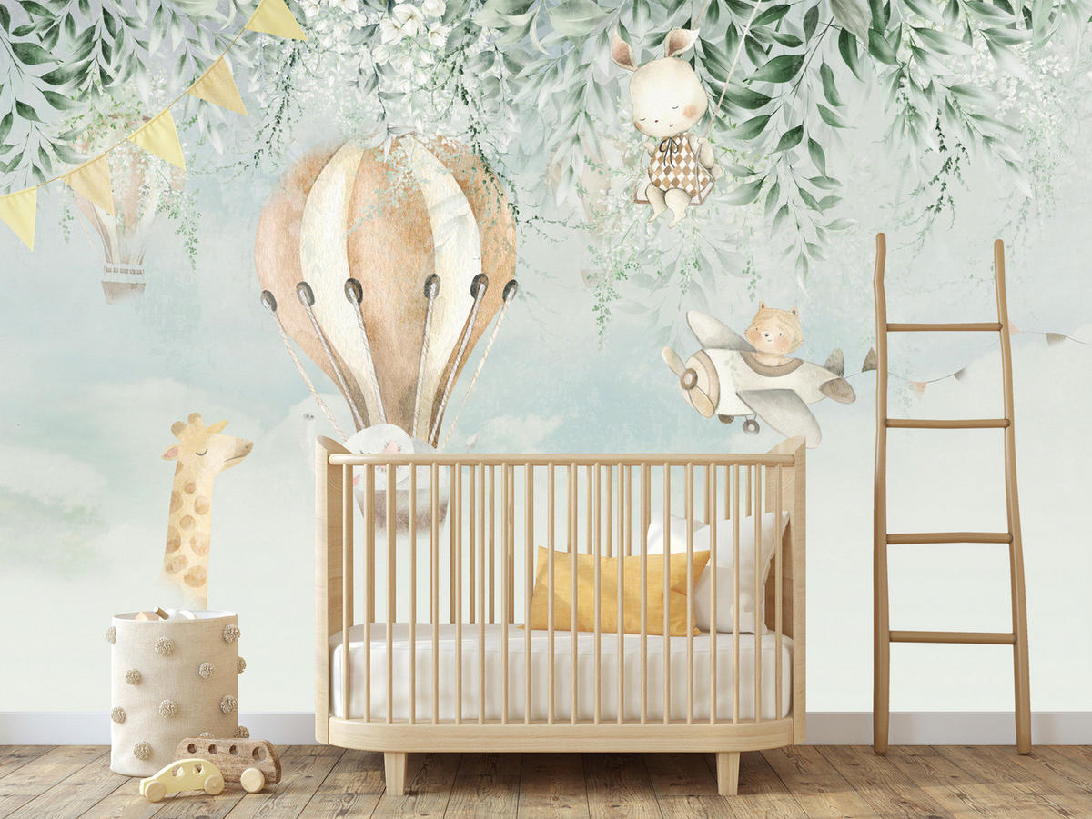 FOTOTAPETE Für Kinder TIERE Luftballons Blätter Blumen Wolken 460x300cm - Beige/Braun, Papier (460/300cm) - Muralo