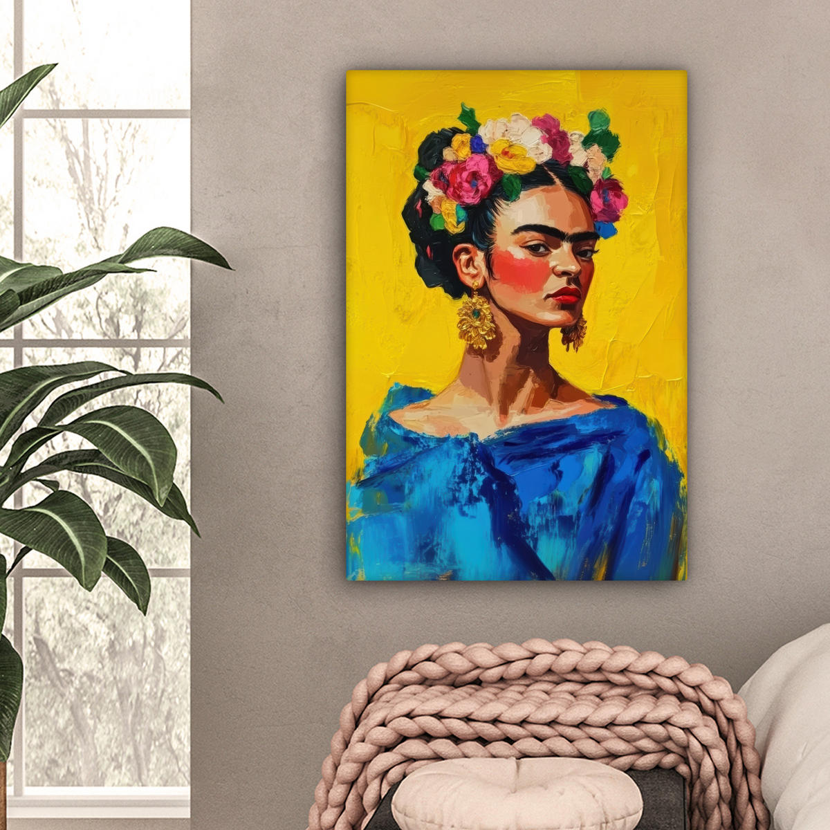LEINWANDBILD Frida Kahlo - Frau - Gelb - Blau - Blumen 60x90 cm - Gelb, Textil (60/90cm) - MuchoWow