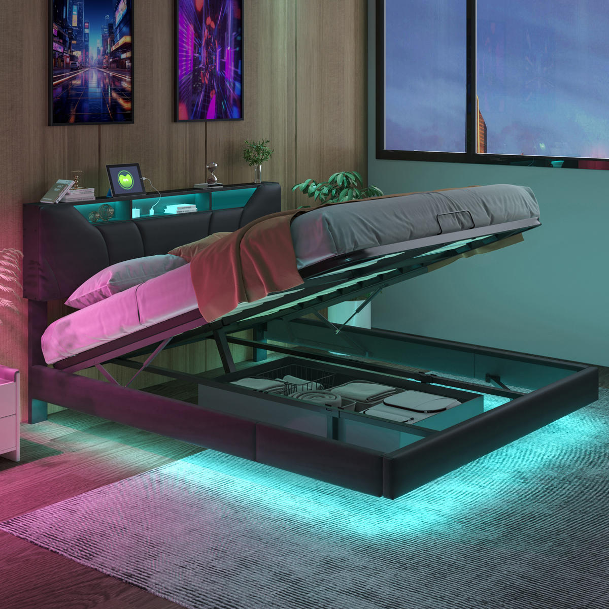 POLSTERBETT 140x200 cm LED USB schwebend Lattenrost schwarz - Schwarz, Holz (140/200cm) - LEBENLANG