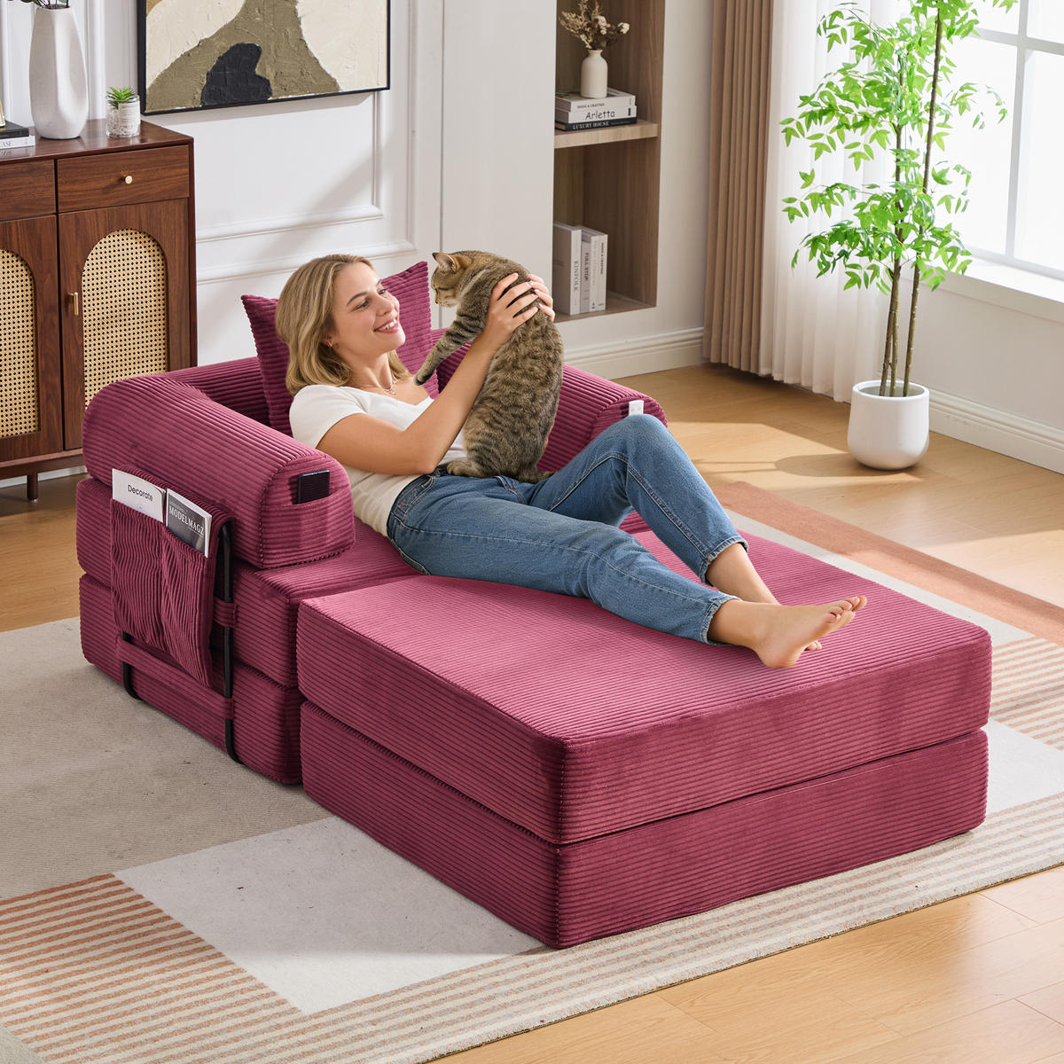 SOFA Cord Weinrot mit Kissen und Hocker - Weinrot, Textil/Metall (112/67/190cm) - WISHDOR