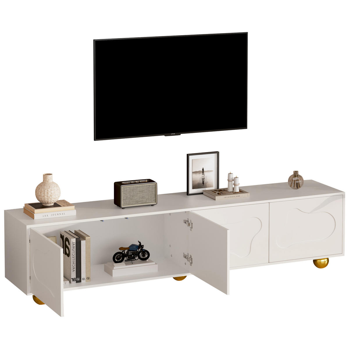 TV-SCHRANK 180/40/45 cm weiß Spanplatte mit 2 Schränken und Wolkenform - Weiß, Holzwerkstoff (180/45/40cm) - OKWISH