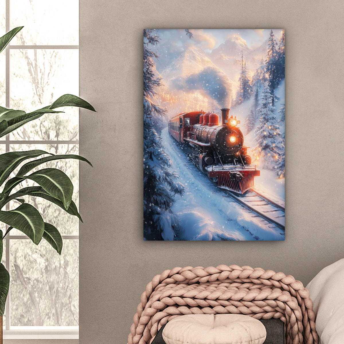 LEINWANDBILD Weihnachtszug - Schnee - Winter - Weihnachten 40x60 cm - Dunkelrot, Textil (40/60cm) - MuchoWow