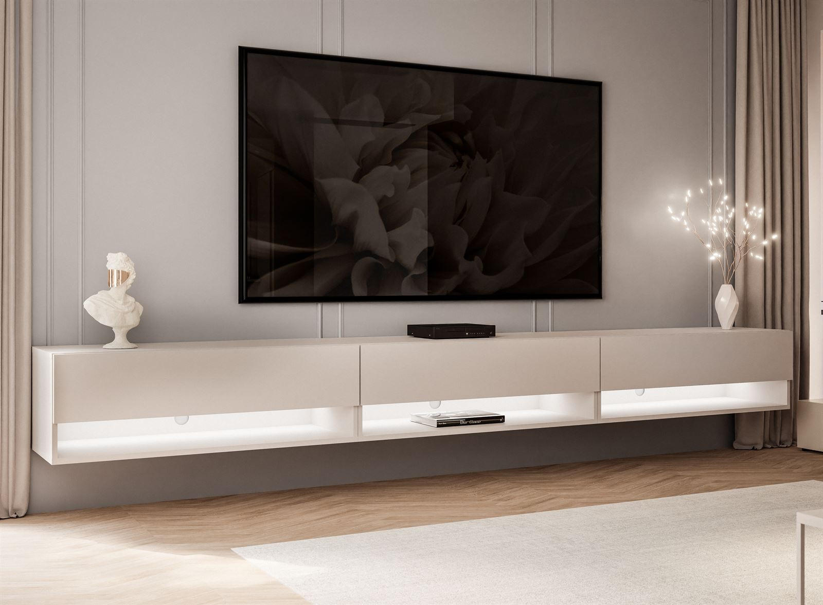 HÄNGESCHRANK TV-Möbel CALANTE 270 cm mit LED-Beleuchtung - Kaschmir, Holzwerkstoff (270/30/35cm) - Lookway