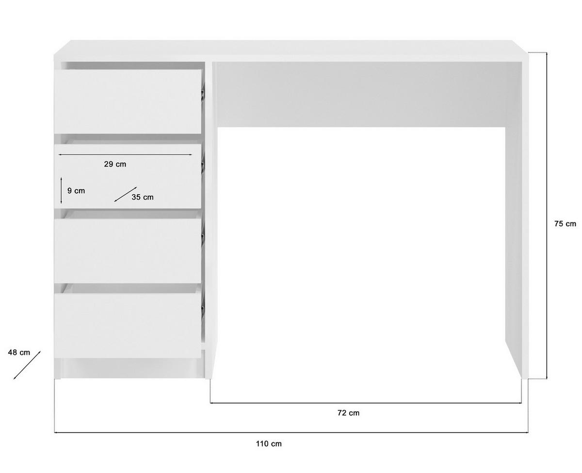 SCHREIBTISCH weiß Hochglanz 110 cm, für Homeoffice und Büro mit 4 Schubladen - Weiß Hochglanz/Weiß, Holzwerkstoff/Metall (110/48/75cm) - Inn.Furn