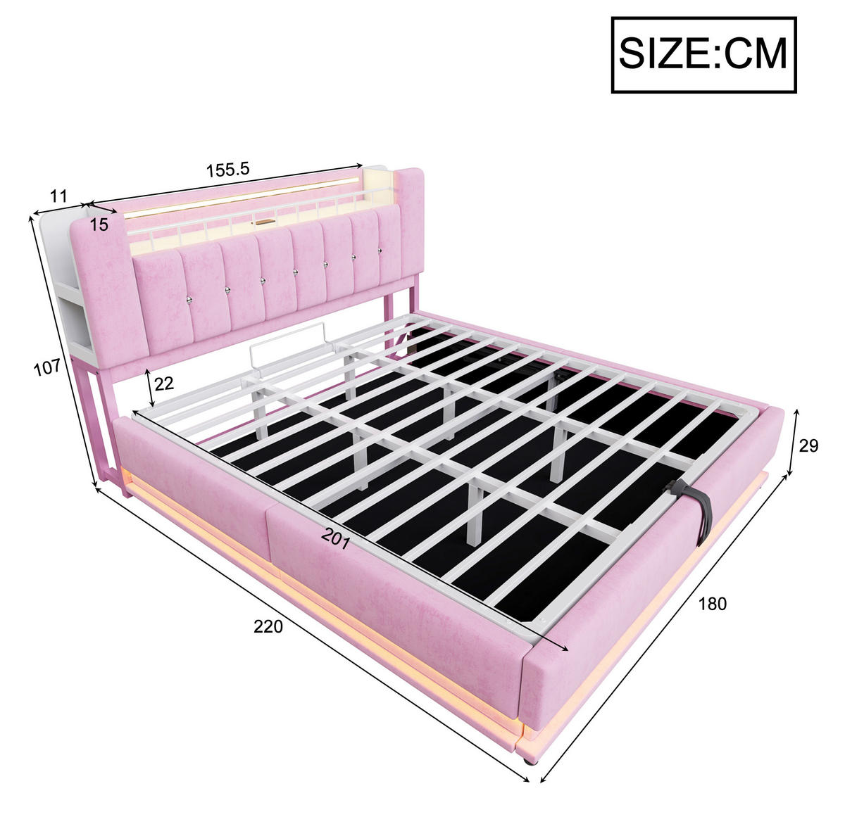 POLSTERBETT aus Samt 180x200 cm Rosa mit LED-Beleuchtung, USB-Anschlüssen und hydraulischem Stauraum - Rosa, Textil (180/200cm) - IVMEU