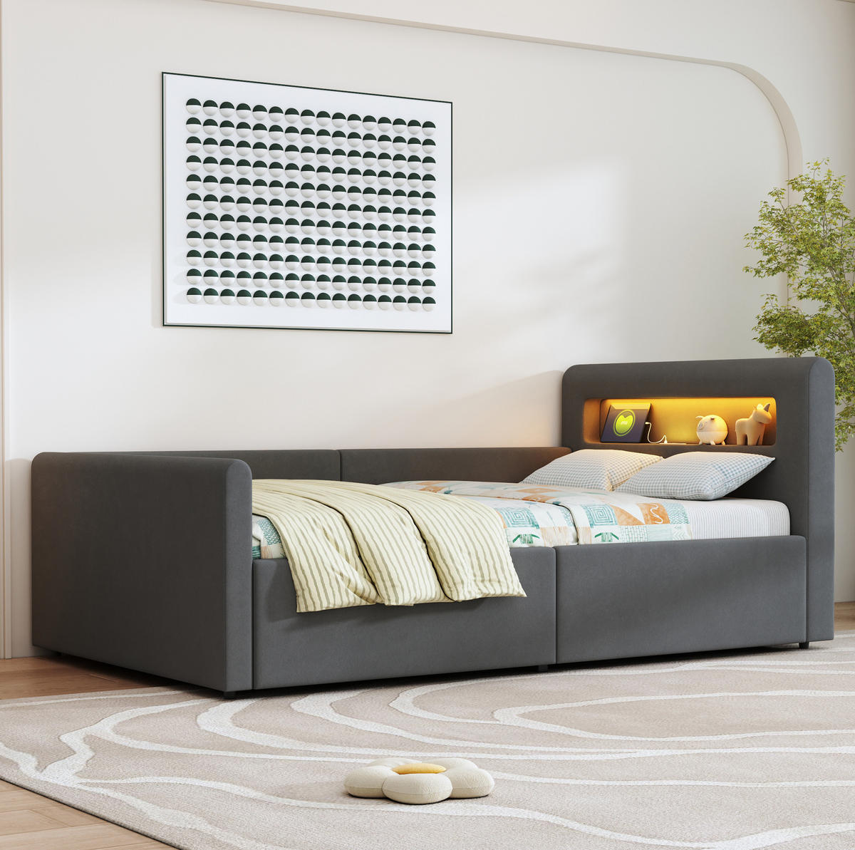 KINDERBETT 90/200 cm Dunkelgrau mit LED-Beleuchtung, USB-Anschluss und Stauraum - Grau, Textil (90/200cm) - Flora Grace