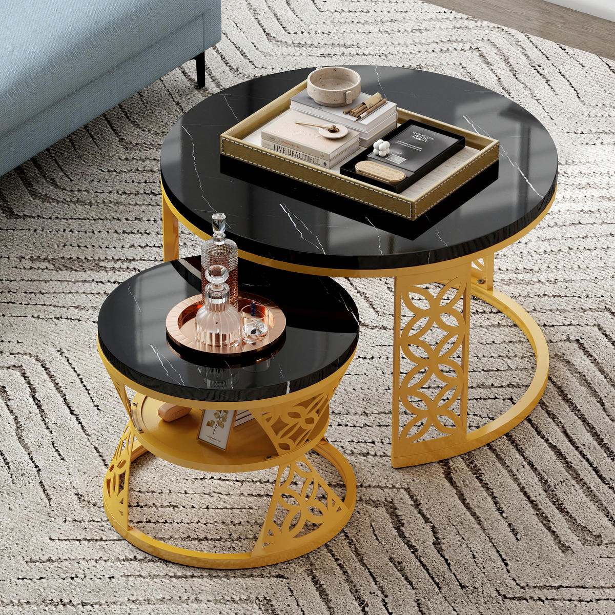 COUCHTISCH-SET mit Marmoreffekt und Metallrahmen Basis, Stapelbarer Beistelltisch Set 70/70/45 cm + 45/45/37 cm, Schwarz und Gold - Schwarz, Holzwerkstoff (70/70/45cm) - Redom