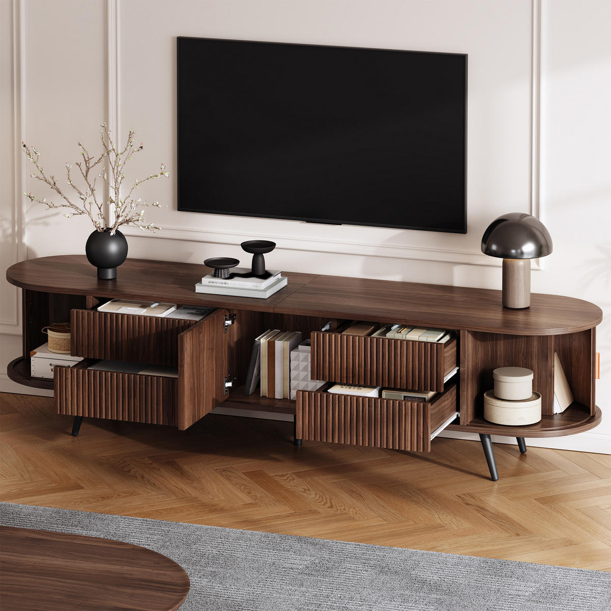 TV-SCHRANK Oval Lowboard Nussbaum 180cm 4 Schubladen Modern - Walnussfarben, Holzwerkstoff (180/45/40cm) - FLIEKS