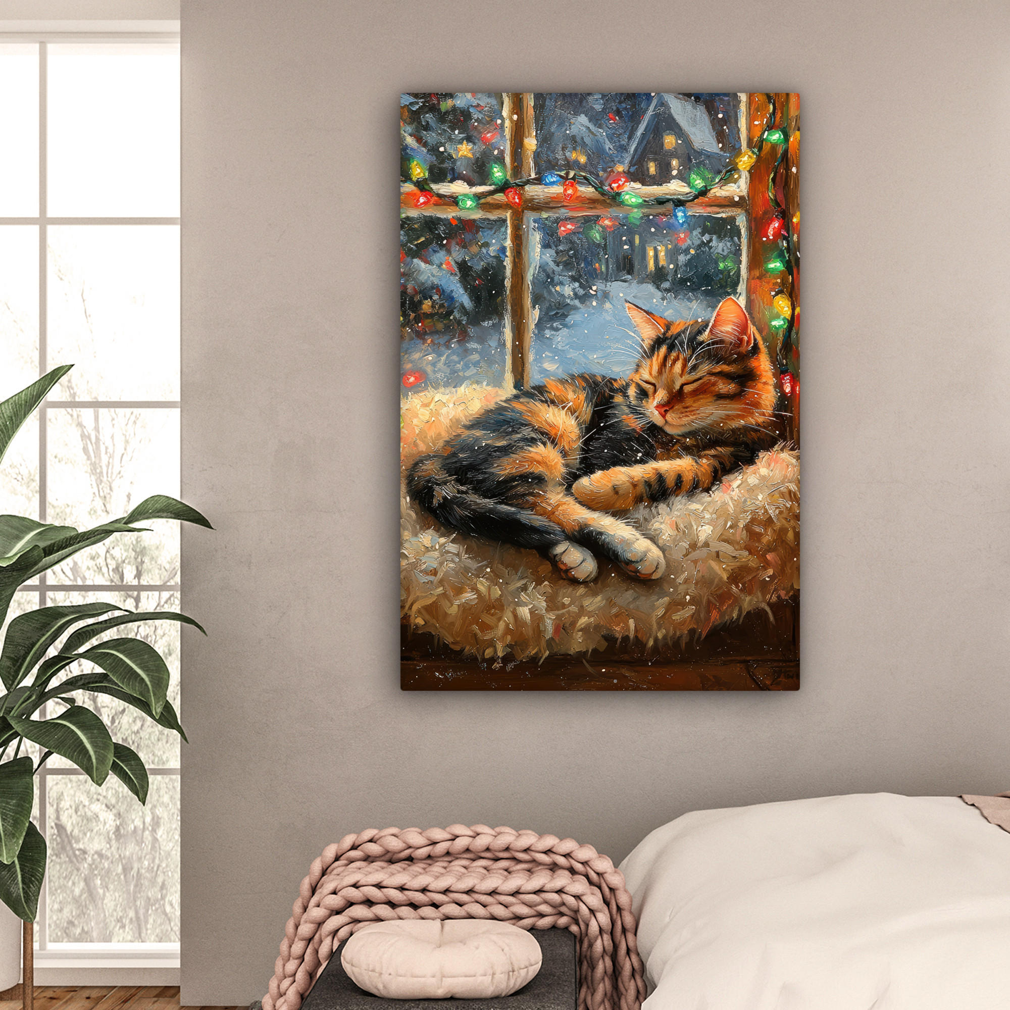 LEINWANDBILD Katze - Weihnachten - Winter - Tier 80x120 cm - Bernsteinfarben, Textil (80/120cm) - MuchoWow