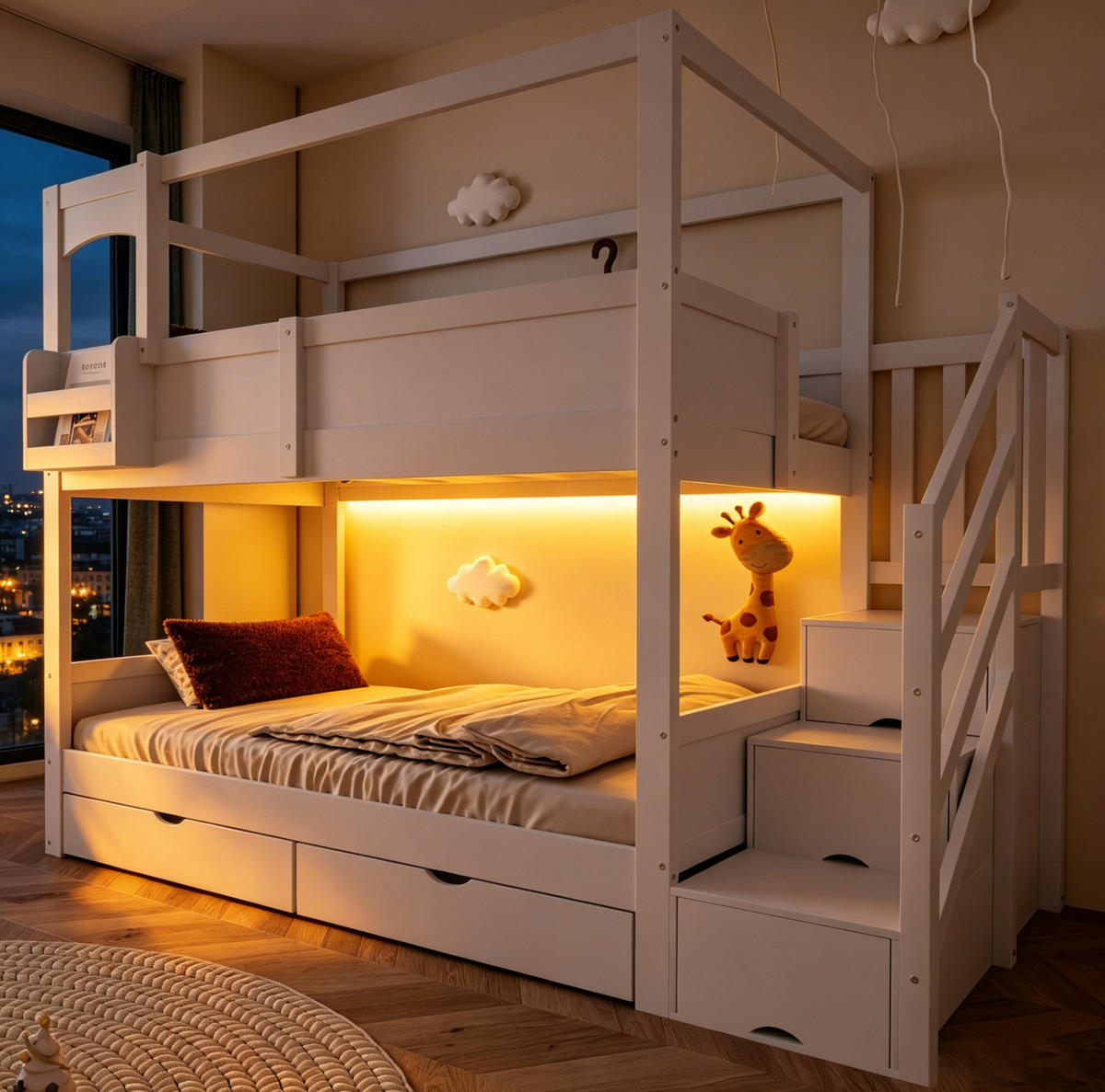 ETAGENBETT 90x200 cm in Weiß mit Stauraumtreppe, Schubladen und Tafel - Weiß, Holz (90/200cm) - IVMEU