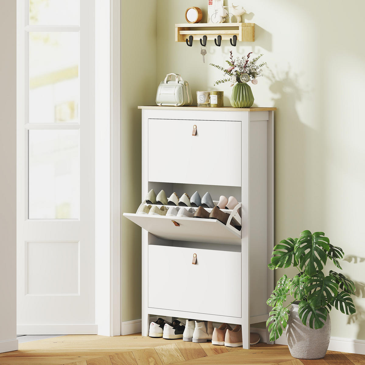 SCHUHSCHRANK,3 Klappschubladen herausnehmbare Böden für 21 Paar,weiß - Weiß, Holzwerkstoff (80/131/24cm) - Vallsero