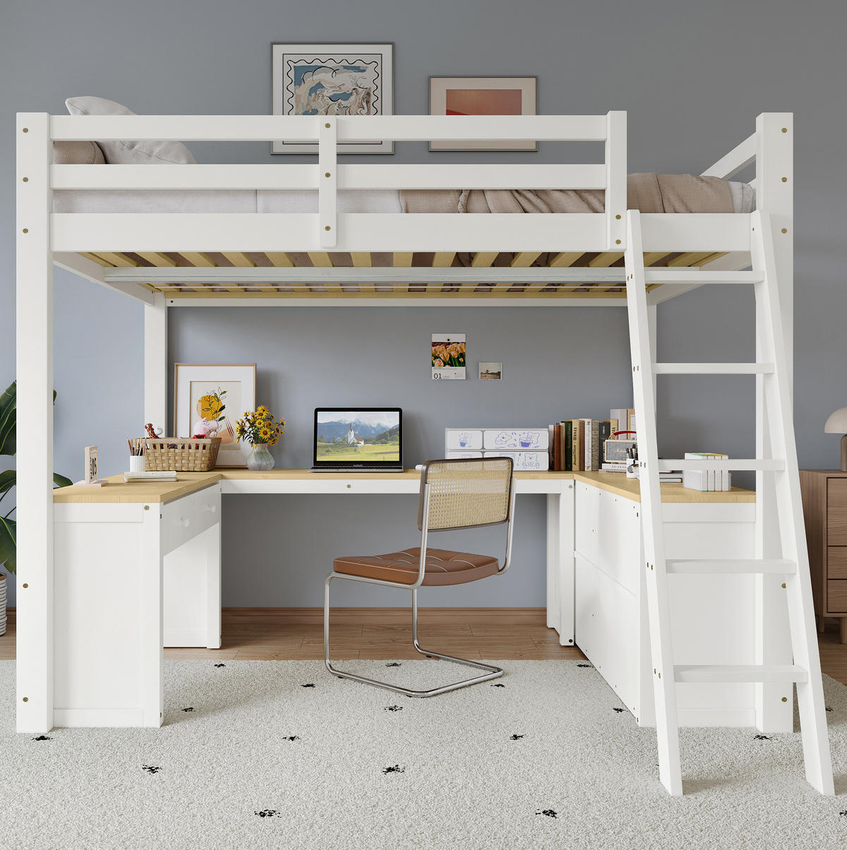 HOCHBETT 140/200 cm mit U-förmigem Schreibtisch, 2 Schubladen, Regal und Schrägleiter, Kiefer/MDF, Weiß/Natur - Weiß, Holzwerkstoff (140/200cm) - Redom