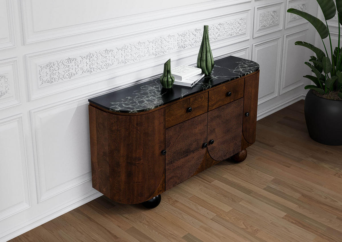 SIDEBOARD Mango 150x40x80 dunkelbraun lackiert / Marmor schwarz FLORENZ #220 - Dunkelbraun, Holz (150/80/40cm) - Massivmoebel24