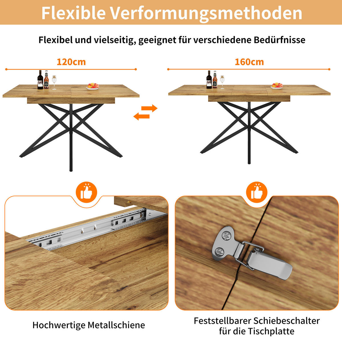 ESSTISCH, MDF mit Metallgestell, ausziehbar 120–160/80/66,1 cm, Walnuss-Optik - Walnussfarben, Holzwerkstoff (120/80/66.1cm) - Redom
