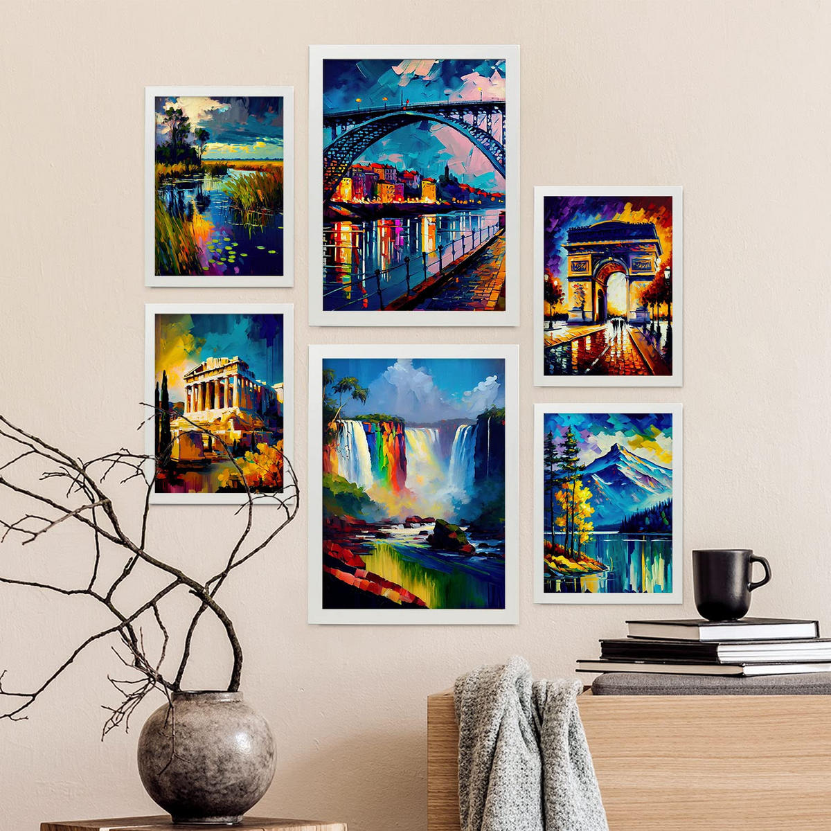 POSTER Set Mit 6 Regenbogen Im Ölgemälde Stil A3 & A4 Weißer Rahmen - Weiß, Papier (29/3cm) - Nacnic